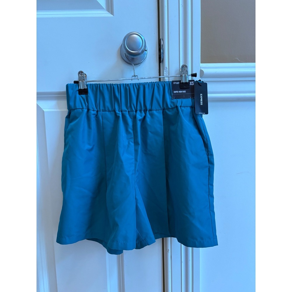 New‎ EXPRESS Super High Rise Pleated Teal Blue Shorts XS Elastic Waist Pockets